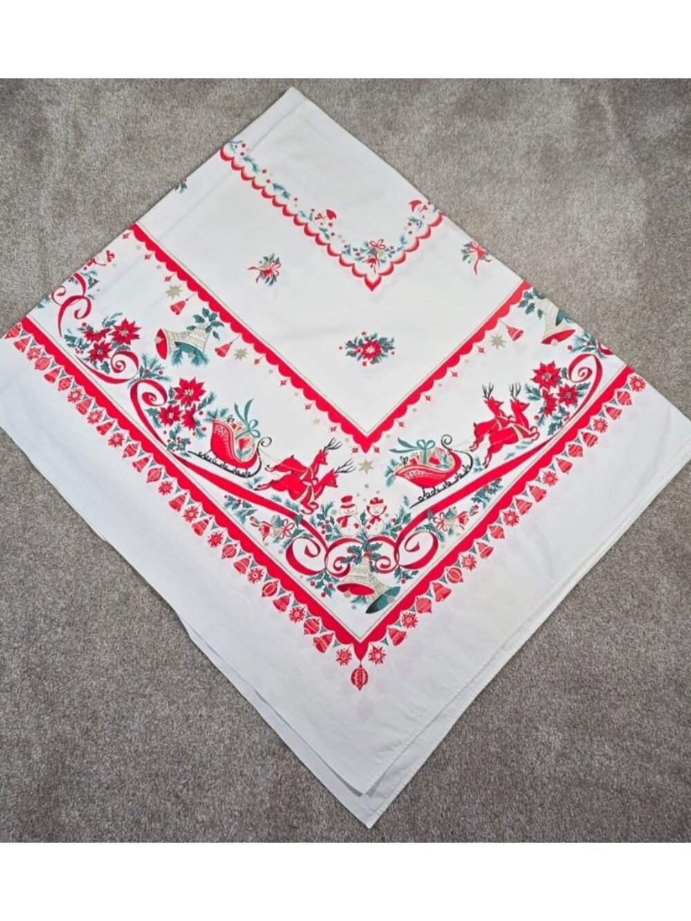 Vintage Atomic Era Christmas Tablecloth 51" x 64" Cotton Reindeer Sleigh Snowman
